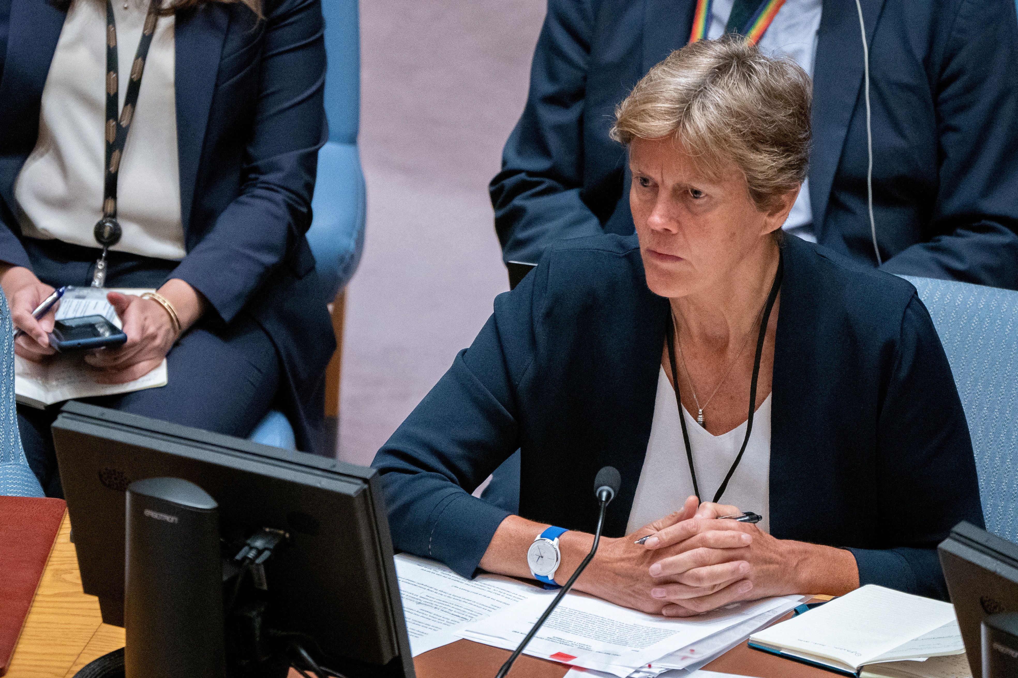 British Ambassador to the UN Barbara Woodward attends the United Nations Security Council meeting at the United Nations Headquarters in New York City, New York, September 7, 2022.