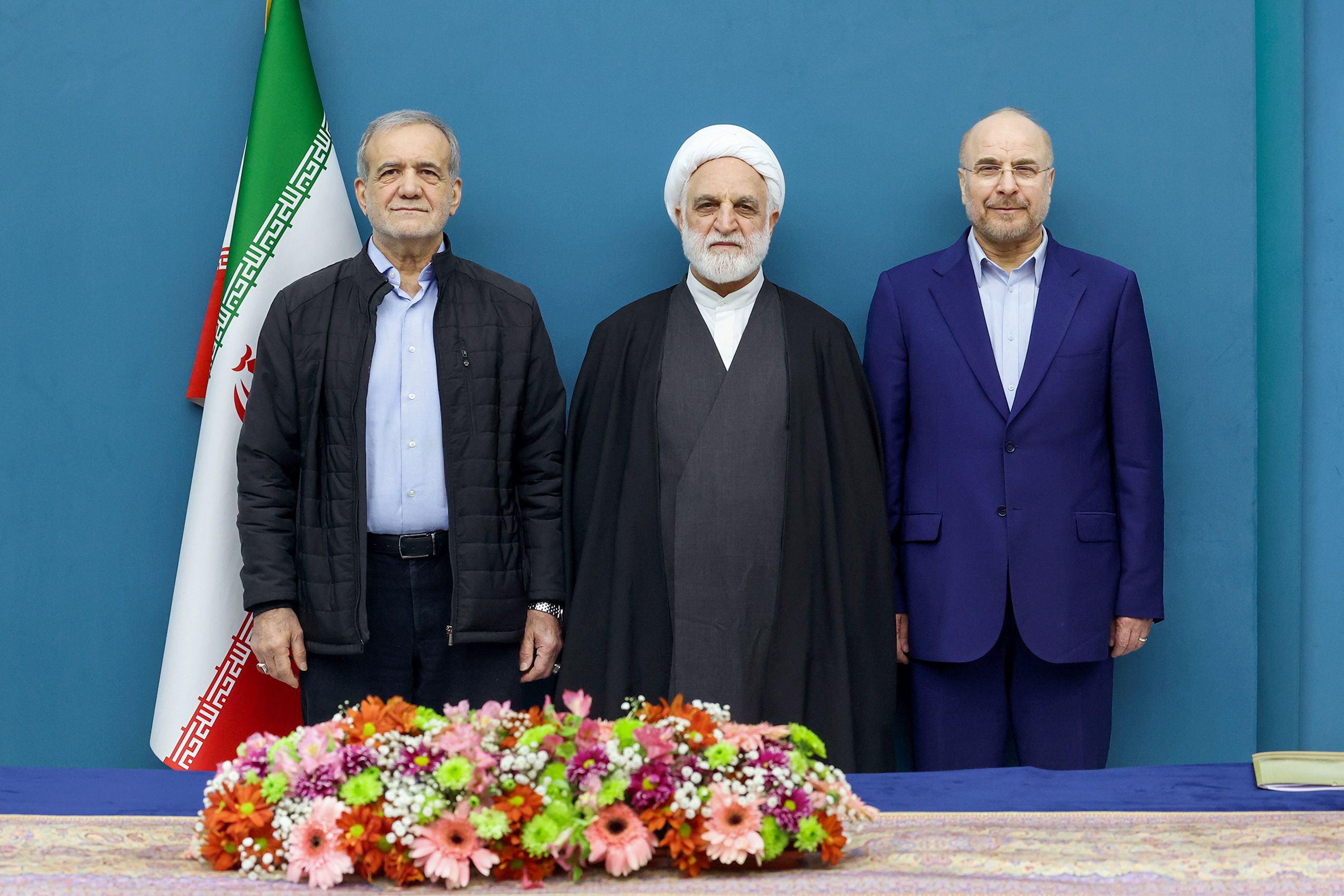 (From left) Iranian President Masoud Pezeshkian, Chief Justice Gholamhossein Mohseni Ejei, and Parliament Speaker Mohammad-Bagher Ghalibaf during a meeting in Tehran on February 3, 2025