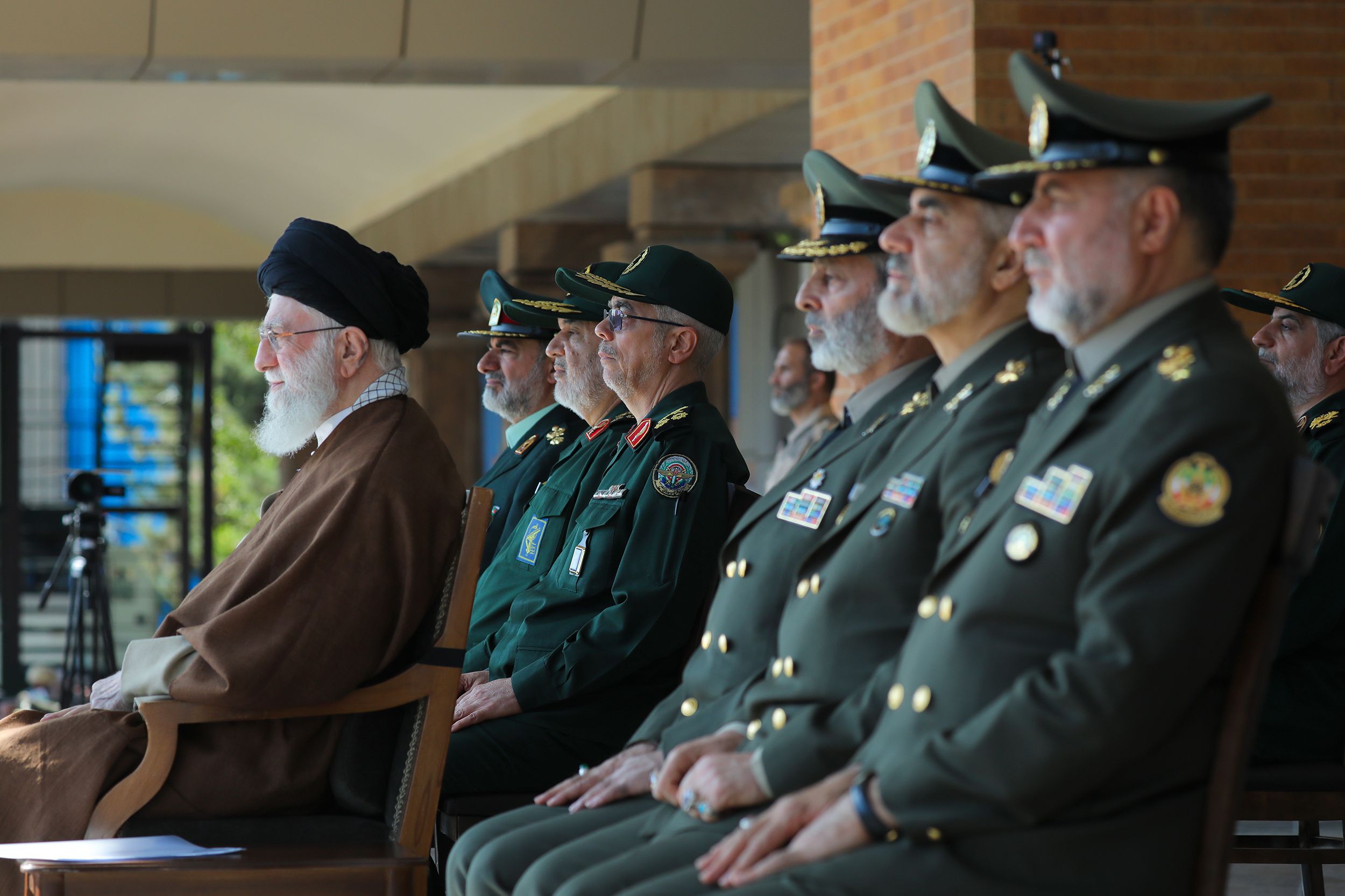 Iran’ Supreme Leader Ali Khamenei and top military commanders of the country during a military event in Tehran on October 10, 2023  