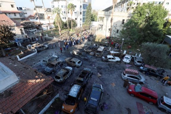 A view shows an area of Al-Ahli hospital where hundreds of Palestinians were killed in a blast that Israeli and Palestinian officials blamed on each other, Gaza City, October 18, 2023.