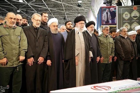 Supreme Leader Ali Khamenei and Iranian leaders at the coffin of Qasem Soleimani. January 2020