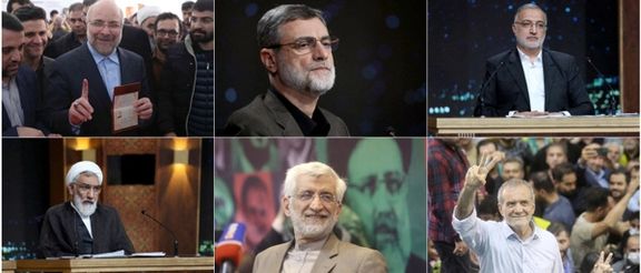 Combination picture shows Iranian presidential candidates Mohammad Baqer Ghalibaf, Amir Hossein Ghazizadeh Hashemi, Alireza Zakani, Mostafa Pourmohammadi, Saeed Jalili and Masoud Pezeshkian in Tehran, Iran.