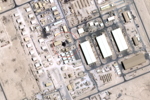 A satellite image taken on June 24 by US firm Satellogic obtained by Iran International appears to show possible damage to a sensitive communication site within the US airbase at Al Udeid, Qatar which was attacked by Iran on June 23, with red circle added to identify the area of interest.