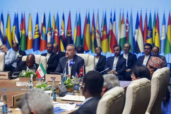 Iran's Foreign Minister Hossein Amir-Abdollahian during a session at the summit of the Non-Aligned Movement (NAM) in Baku on July 6, 2023