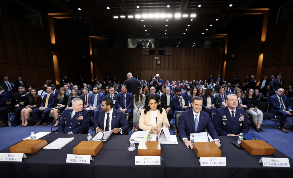 US director of national intelligence Tulsi Gabbard appears at a congressional hearing alongside other intelligence leaders, Mar. 25 2025
