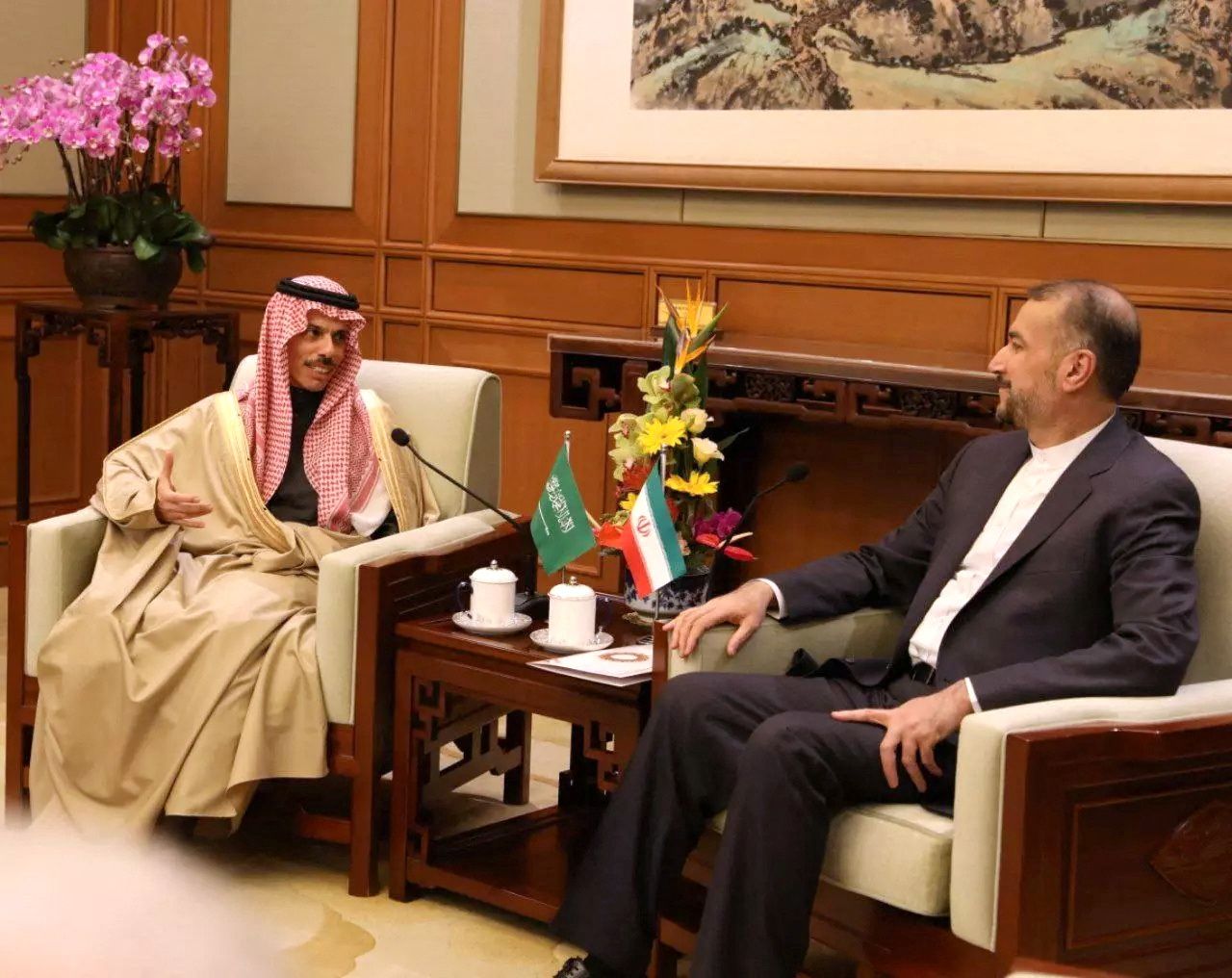 Iranian Foreign Minister Hossein Amir-Abdollahian meets with Saudi Arabia's Foreign Minister Prince Faisal bin Farhan Al Saud in Beijing, April 6, 2023