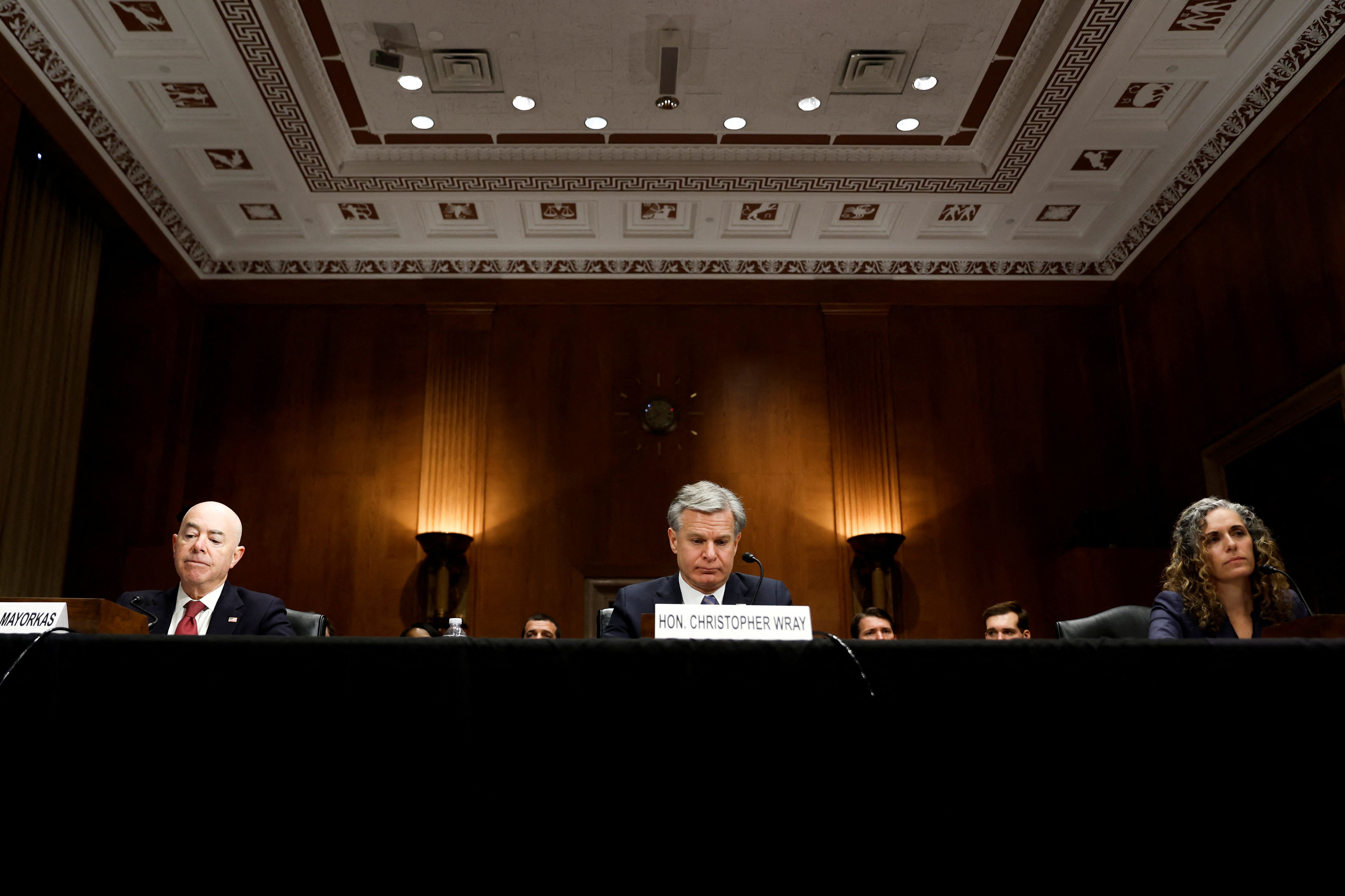 US Homeland Security Secretary Alejandro Mayorkas, FBI Director Christopher Wray and National Counterterrorism Center Director Christine Abizaid testify before a Senate Homeland Security and Governmental Affairs hearing on threats to the United States, on Capitol Hill in Washington, October 31, 2023.