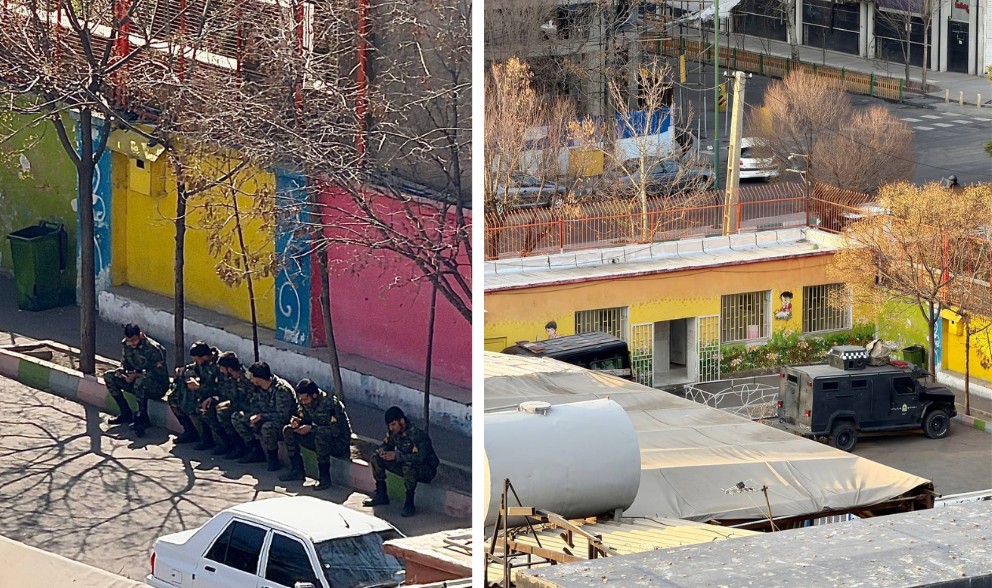 In Tehran, eyewitness reports and images sent to Iran International on March 6, from the city’s Tehranpars neighborhood showed special police unit vehicles deployed inside the courtyard of Hashemi Nejad boys’ primary school on Parvin Boulevard, next to Bent ul-Hoda girls’ school.