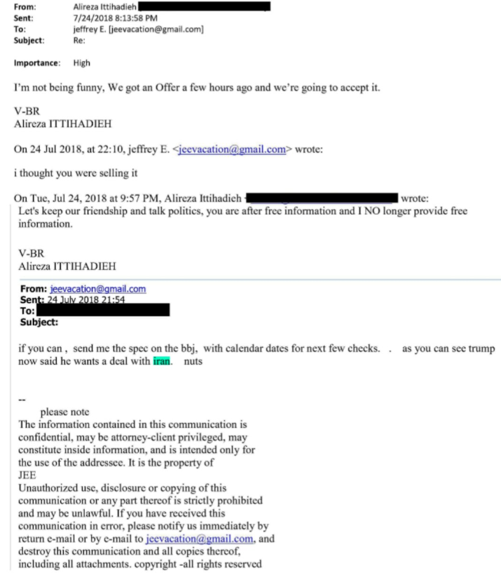Email exchange from July 24, 2018, between Alireza Ittihadieh and Jeffrey Epstein discussing an offer, the sale of information, and political commentary.