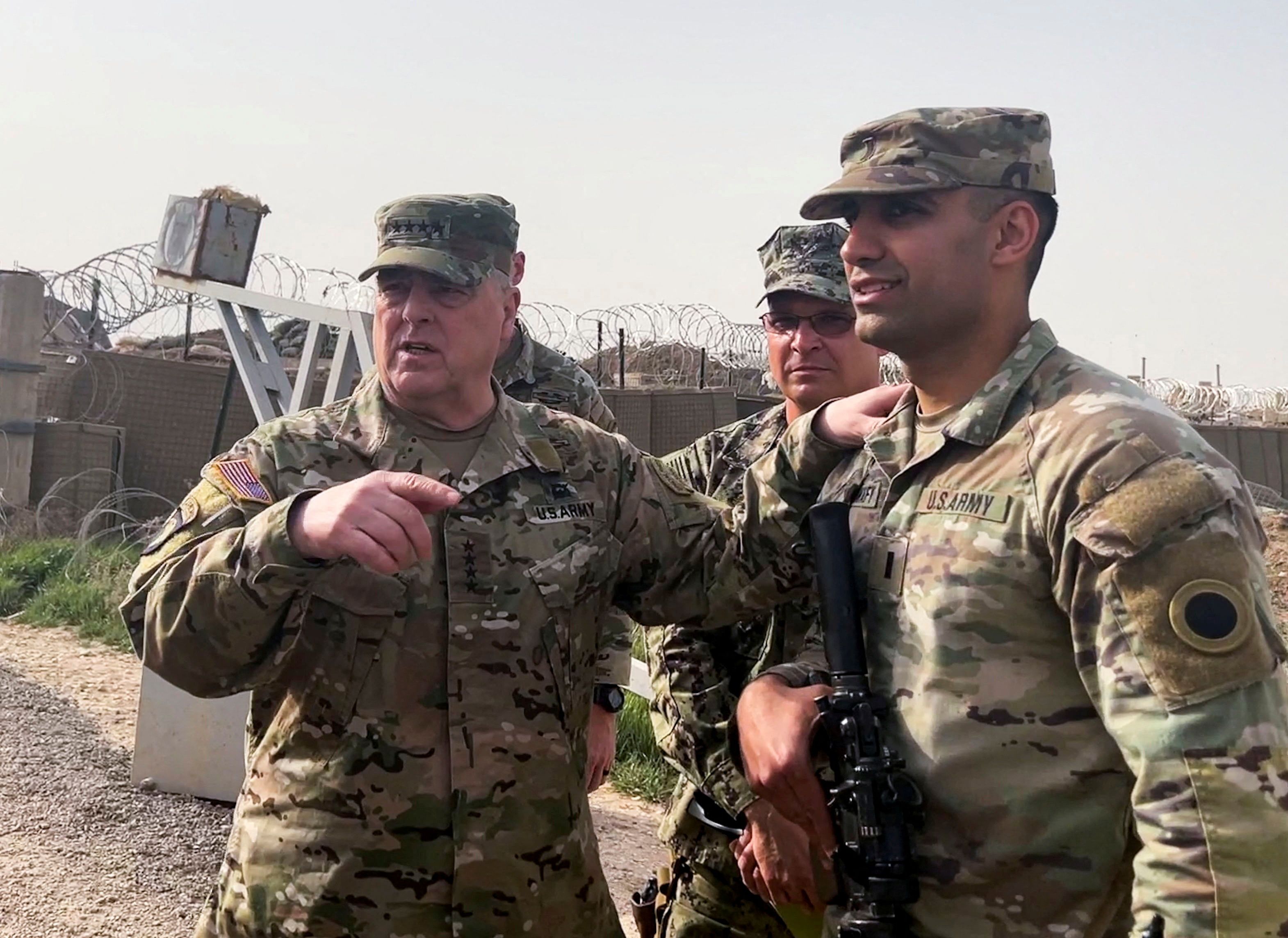US Joint Chiefs Chair Army General Mark Milley speaks with US forces in Syria during a visit at a US military base in Northeast Syria, March 4, 2023
