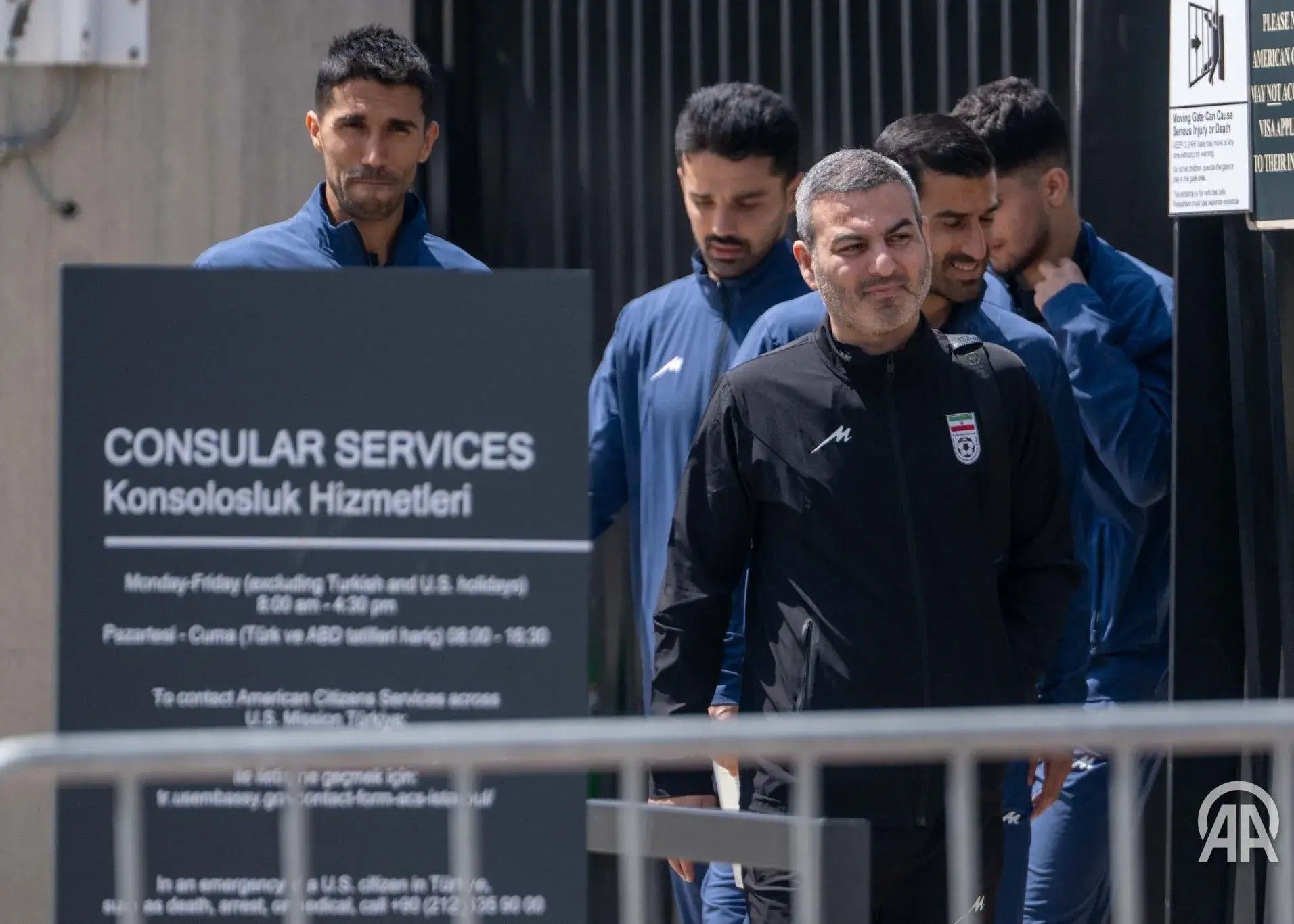 Iran's Seyed Hossein Hosseini, Ehsan Hajsafi and teammates outside the U.S. embassy for VISA procedures ahead of the World Cup on May 21, 2026.