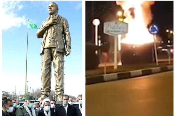 مجسمه قاسم سلیمانی در شهرکرد، پس از رونمایی در صبح چهارشنبه، شب به آتش کشیده شد